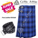 32 - Size - Scottish Highlander 8 Yard Ramsey Blue Tartan Custom Kilt & Leather Kilt Belt