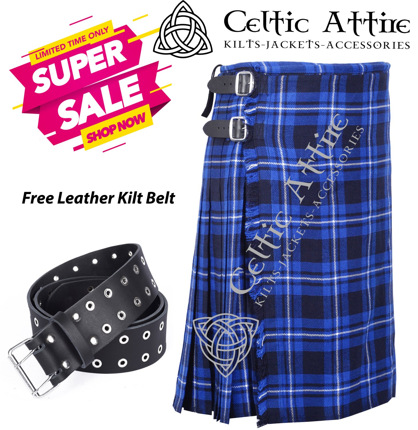 48 - Size - Scottish Highlander 8 Yard Ramsey Blue Tartan Custom Kilt & Leather Kilt Belt
