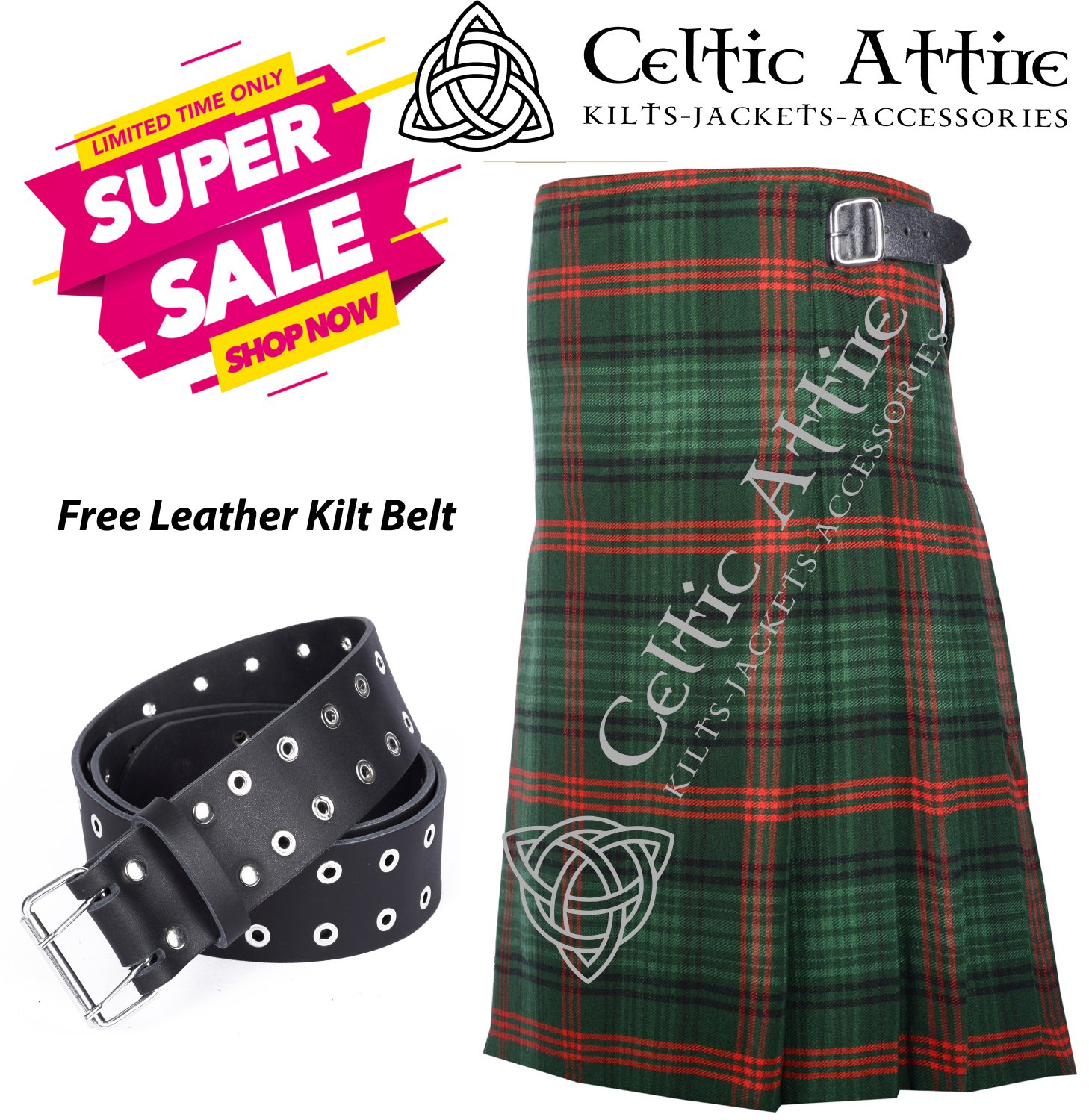 32 - Size - Scottish Highlander 8 Yard Ross Hunting Modern Tartan Custom Kilt & Leather Kilt Belt