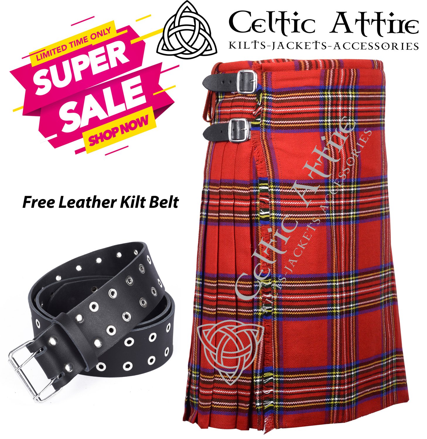 36 - Size - Scottish Highlander 8 Yard Royal Stewart Tartan Custom Kilt & Leather Kilt Belt