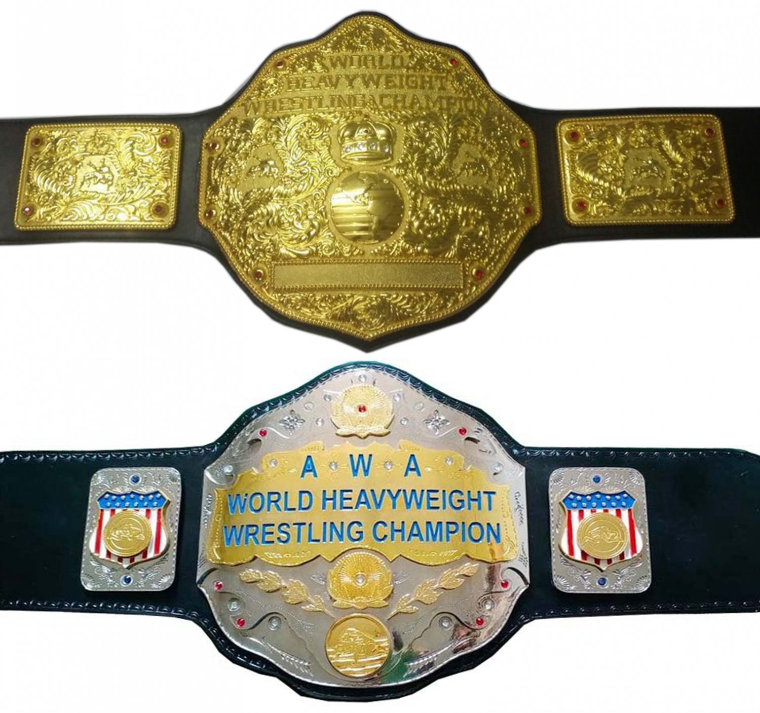 WWE Big Gold World Heavyweight Wrestling Belt + AWA World Heavyweight Belt 4mm Zinc Plate