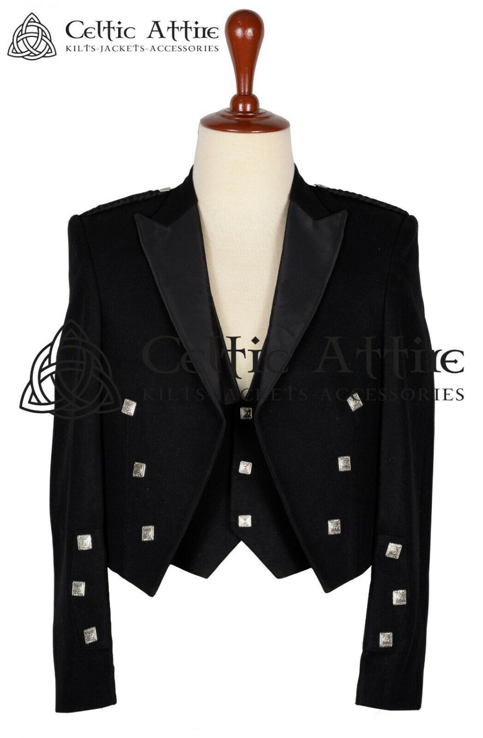 PRINCE CHARLIE Scottish Kilt Jacket & Waistcoat / Vest Black Wool Made to Order