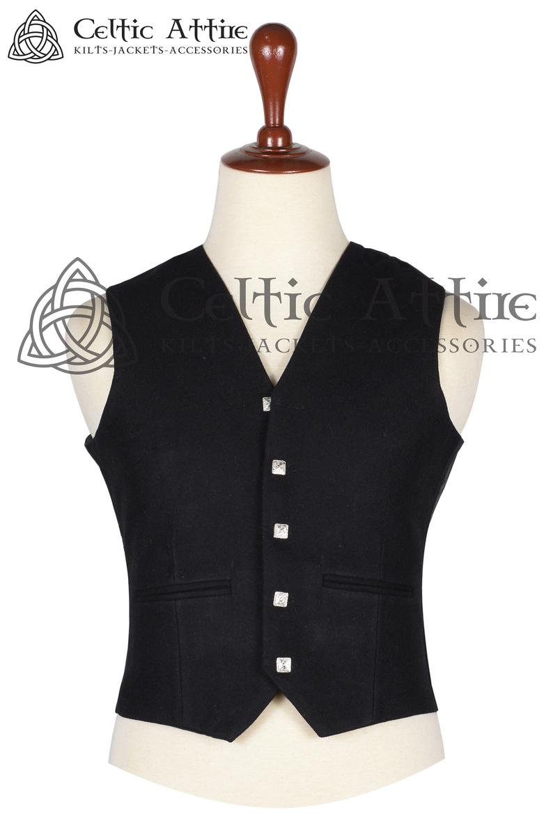 Scottish Argyll Highland Waistcoat 5 Buttons Black Wool Premium KILT VEST Made to order