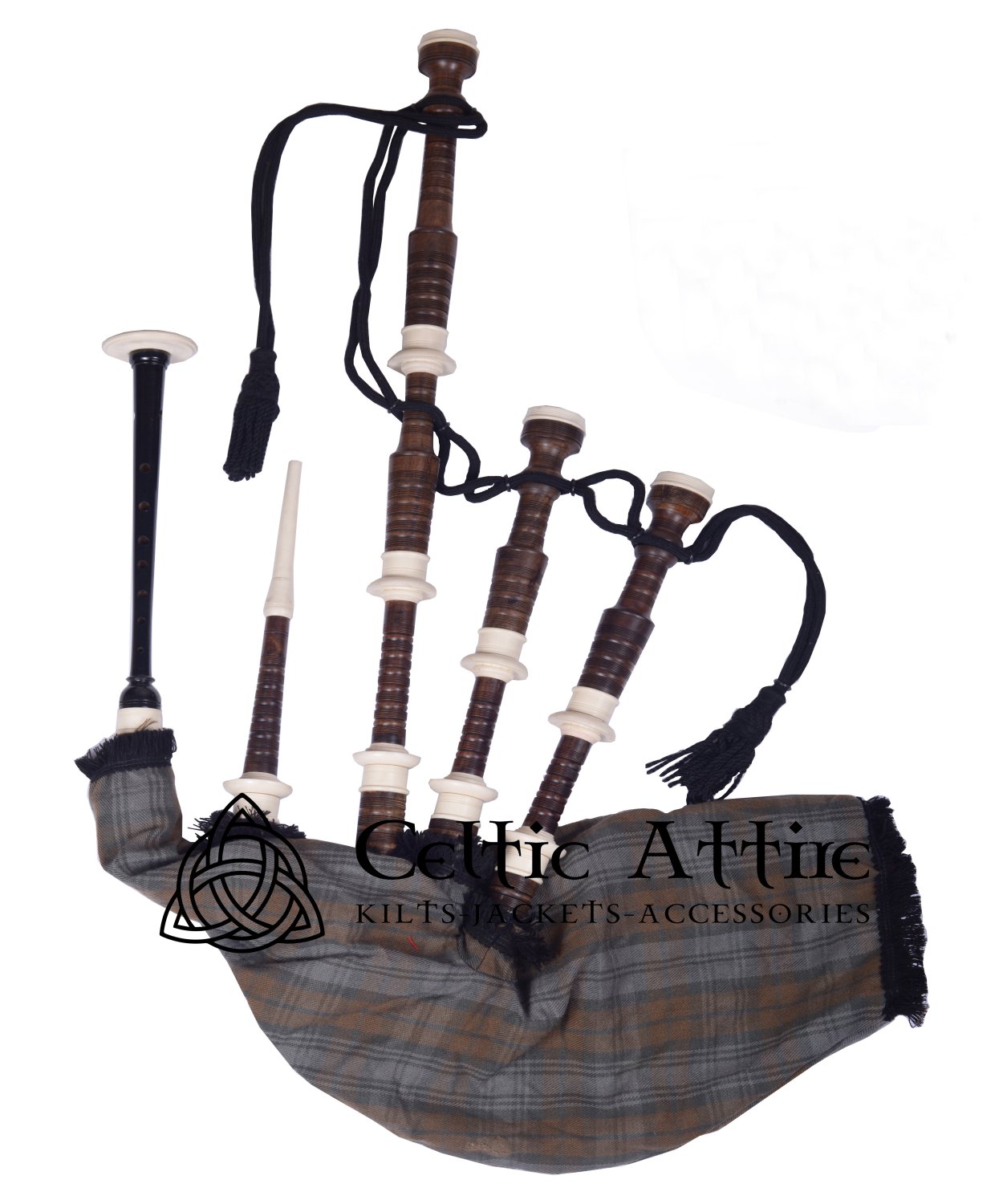 Scottish Bagpipes Black Watch Weathered Tartan Bagpipe (Natural & Black Finish) as your Choice