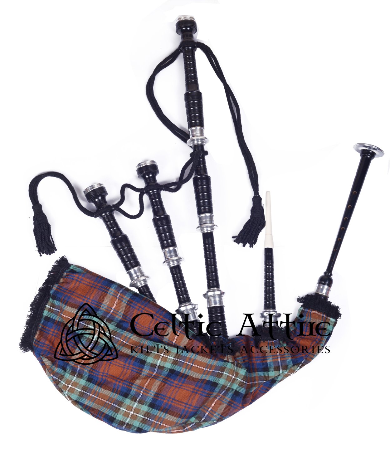 Scottish Highlander Bagpipes IRN BRU Tartan Bagpipe (Natural & Black Finish) as your Choice