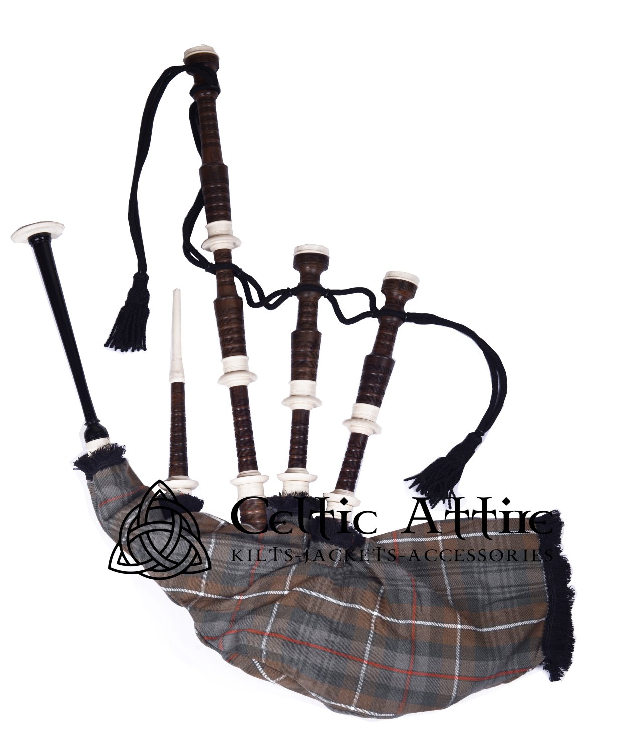Bagpipes - Scottish Mackenzie Weathered Tartan Bagpipe (Natural & Black Finish) as your Choice