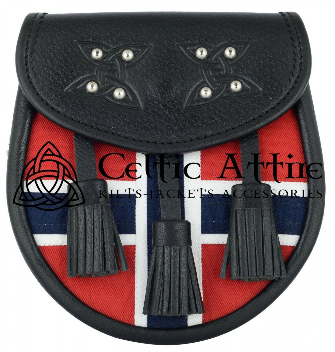 Black Leather Scottish KILT SPORRAN Norwegian Flag Sporran with Free Chain Belt