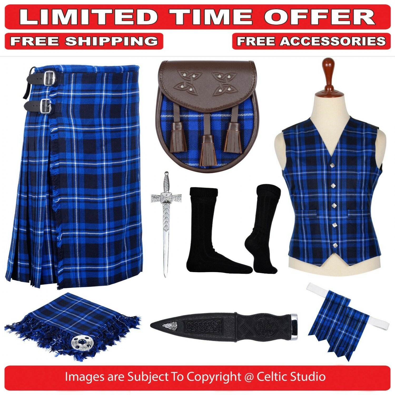 Premium Custom Scottish Traditional 8 Yard TARTAN KILT Package - 9 Accessories - 36 Size