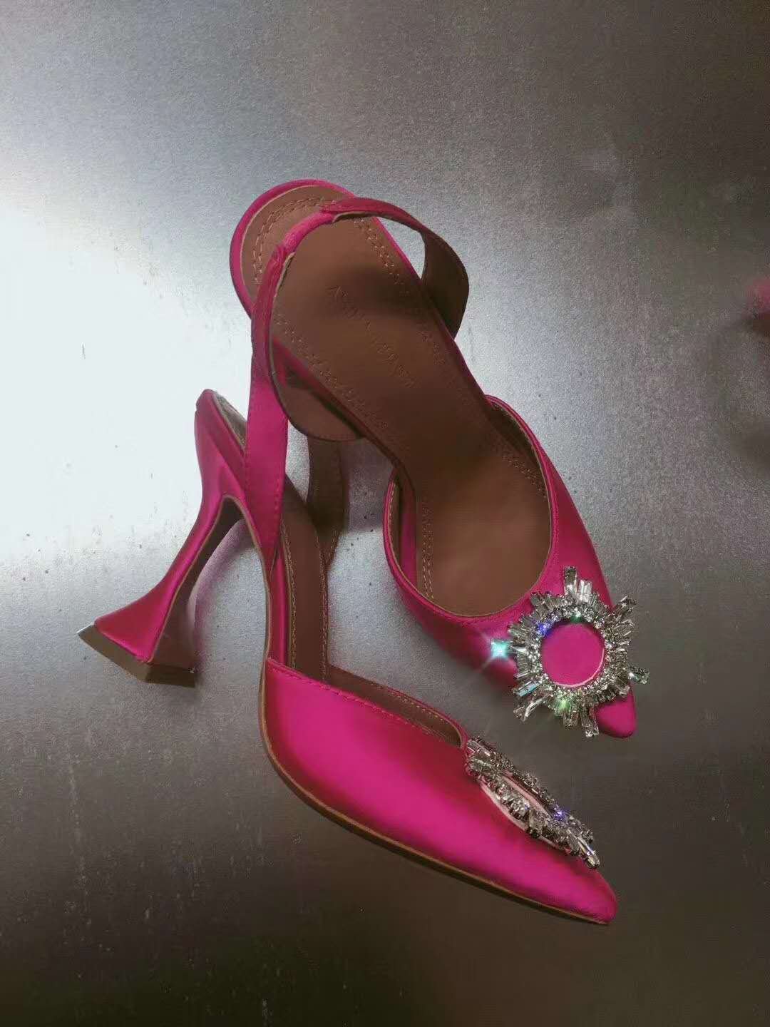 Pink Amina Muaddi Shoes Begum Satin Crystal Embellished Pumps