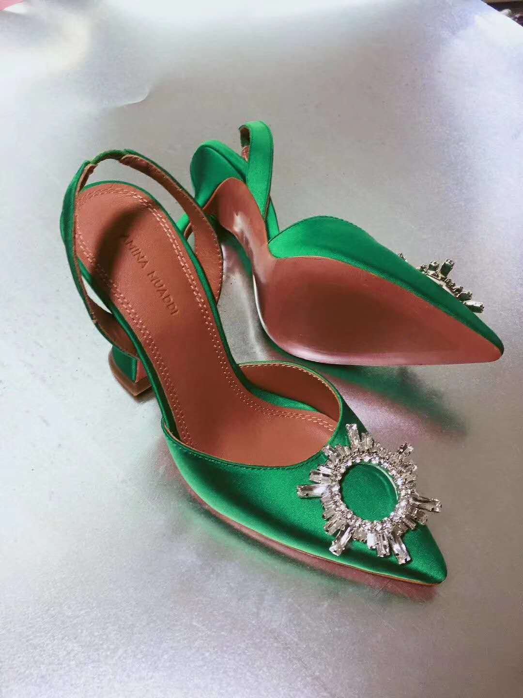 Green Amina Muaddi Shoes Begum Satin Crystal Embellished Pumps