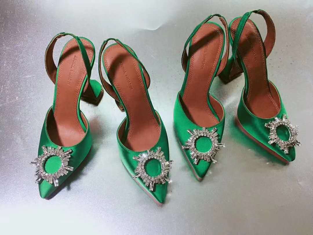 Green Amina Muaddi Shoes Begum Satin Crystal Embellished Pumps