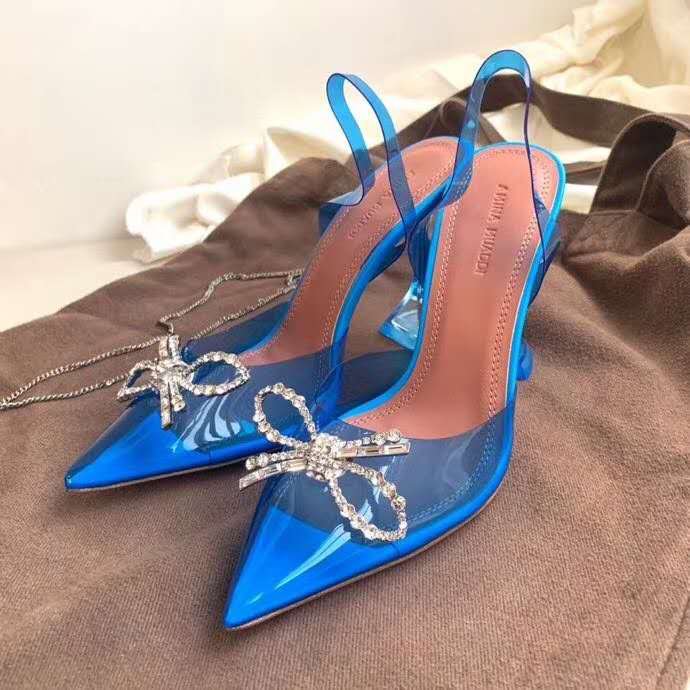 Blue Amina Muaddi Embellished Slingback Bow Pumps Begum Women Shoes