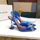 Blue Amina Muaddi Pumps Begum Glass Pvc Slingback Women Bow Shoes
