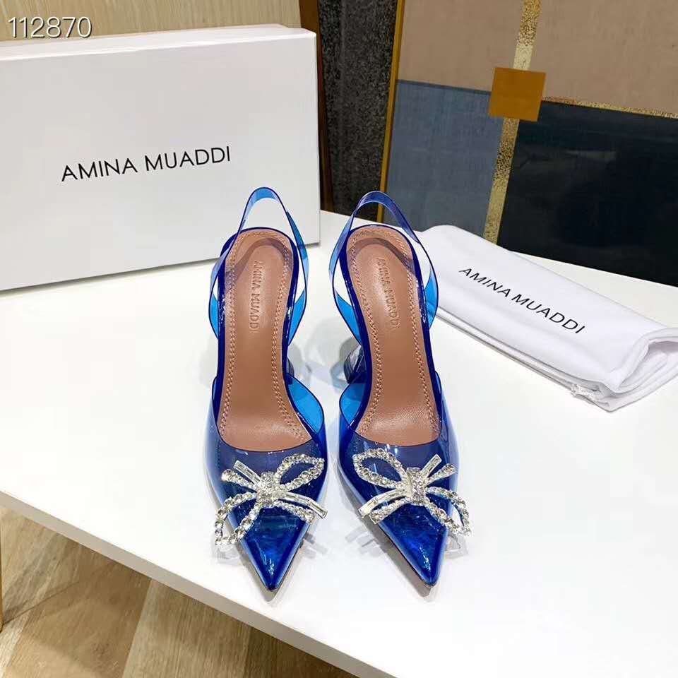 Blue Amina Muaddi Pumps Begum Glass Pvc Slingback Women Bow Shoes