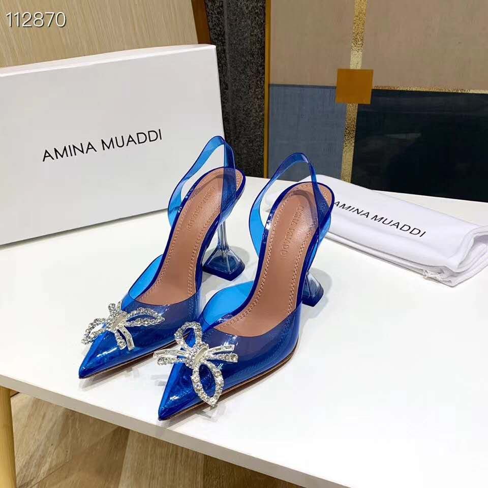 Blue Amina Muaddi Pumps Begum Glass Pvc Slingback Women Bow Shoes