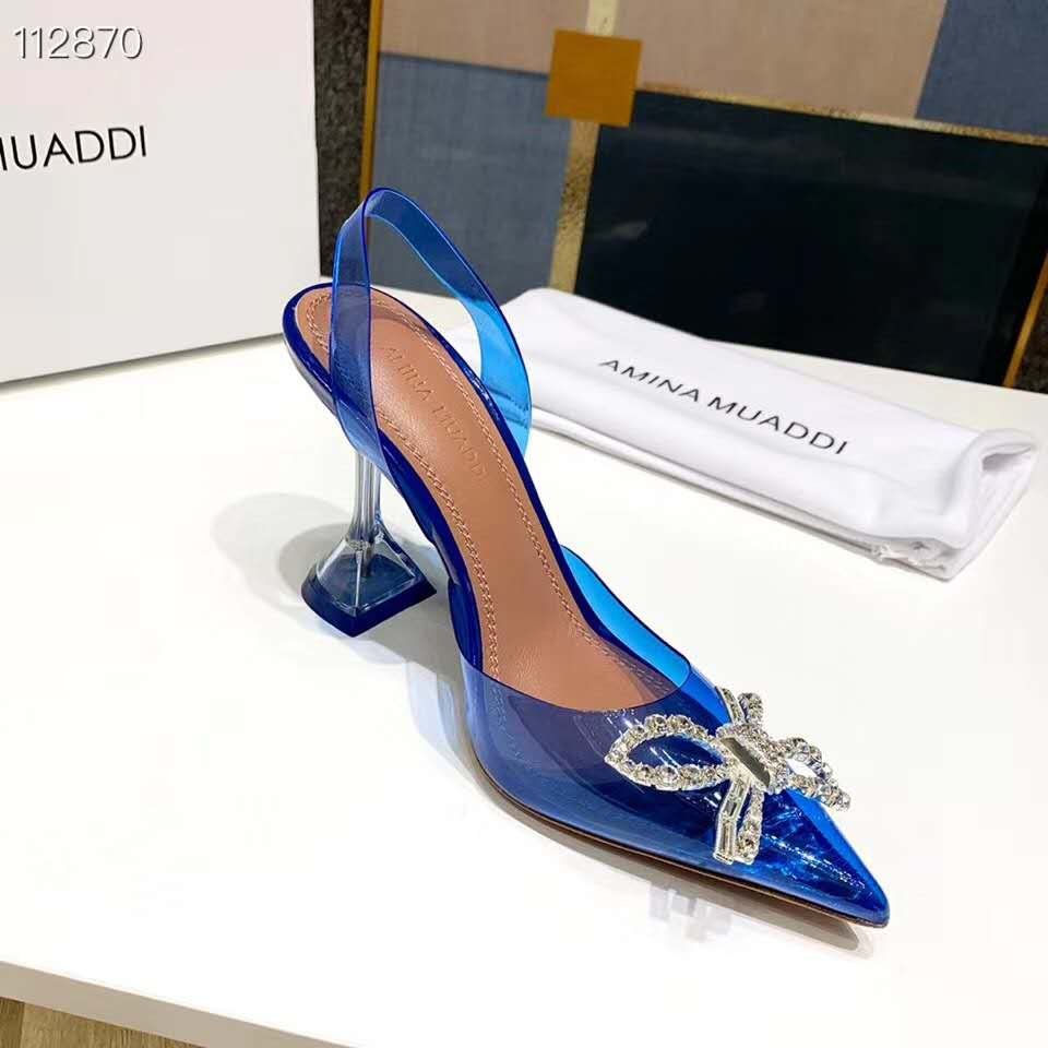 Blue Amina Muaddi Pumps Begum Glass Pvc Slingback Women Bow Shoes