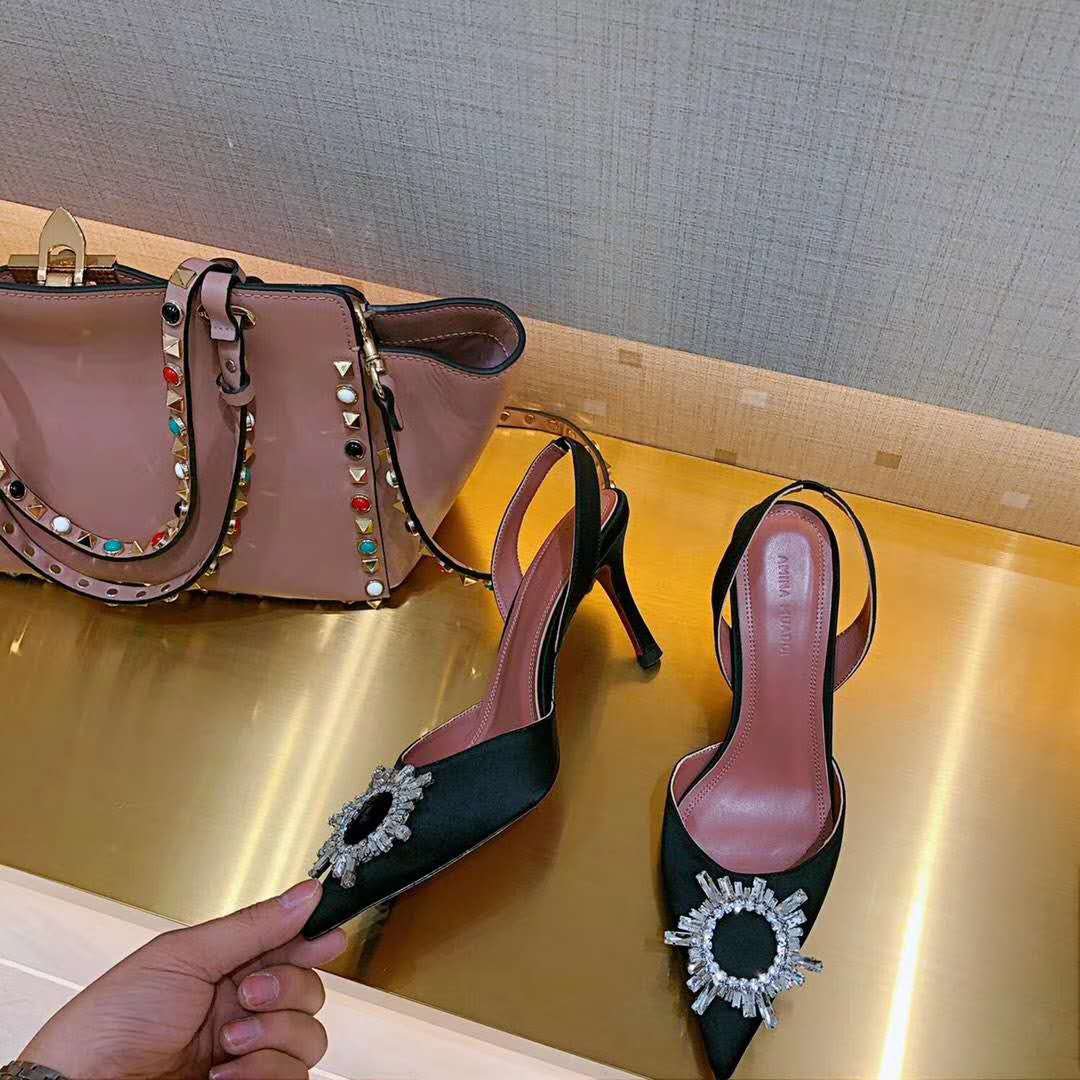 Amina Muaddi Begum Embellished Satin Slingback Pumps Black High Heel Shoes