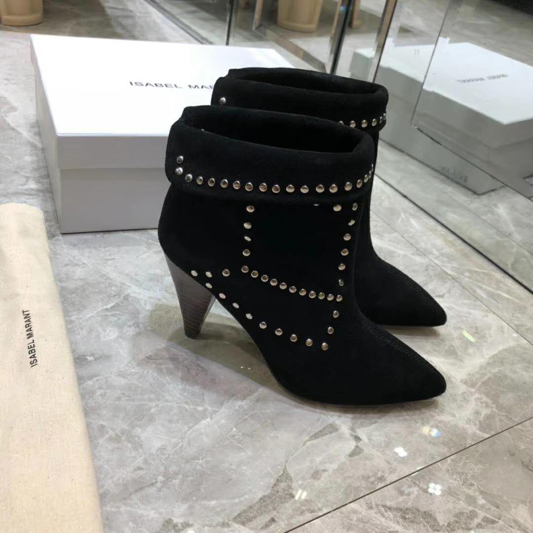 Black Isabel Marant Lisbo Boots Suede Leather Cowhide Studs Foldover ...