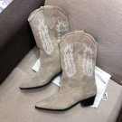 Isabel Marant Denzy Point-toe Western Boots Stitching Embroidery Stacked Block Heel Pull-on Shoes