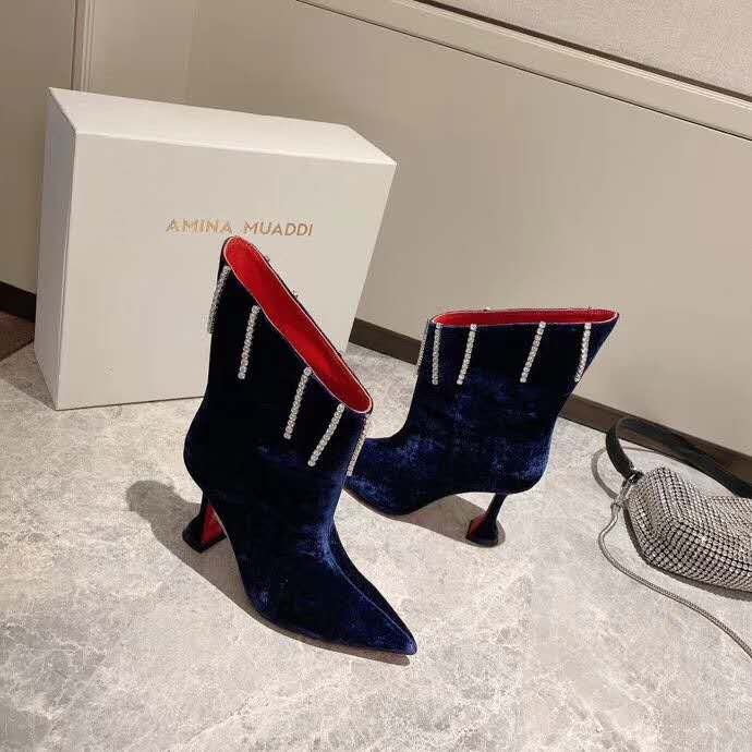 Fashion Woman Shoes Amina Muaddi Boots Crystals Embellished Blue Velvet ...