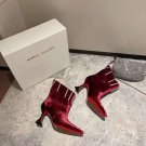 Fashion Woman Shoes Amina Muaddi Boots Crystals Embellished Red Velvet Cylinder Heel Boots