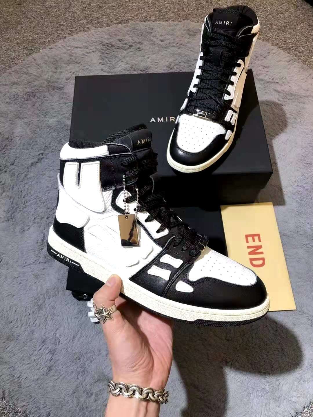 Unisex Shoes Amiri Trainers Black Skeleton Leather High Top Sneakers