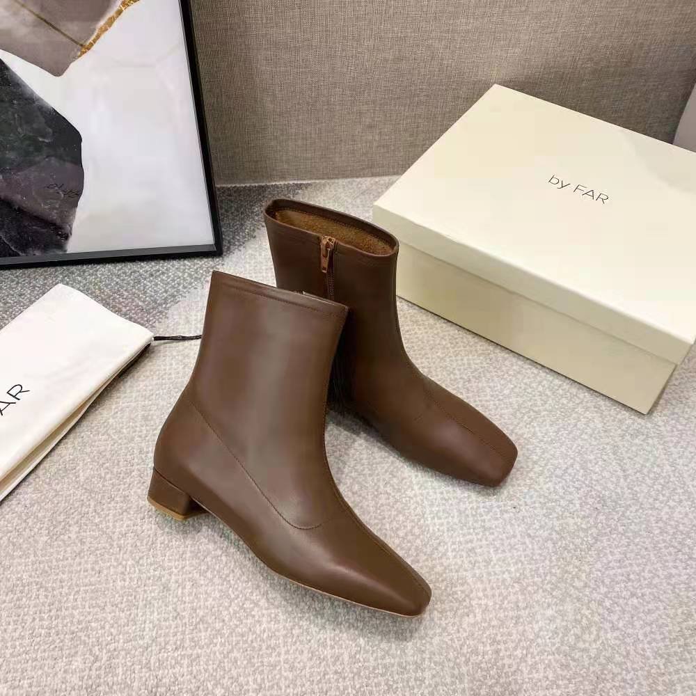 Women's Shoes By Far Boots Genuine Leather Side Zipper Square Toe Boots ...