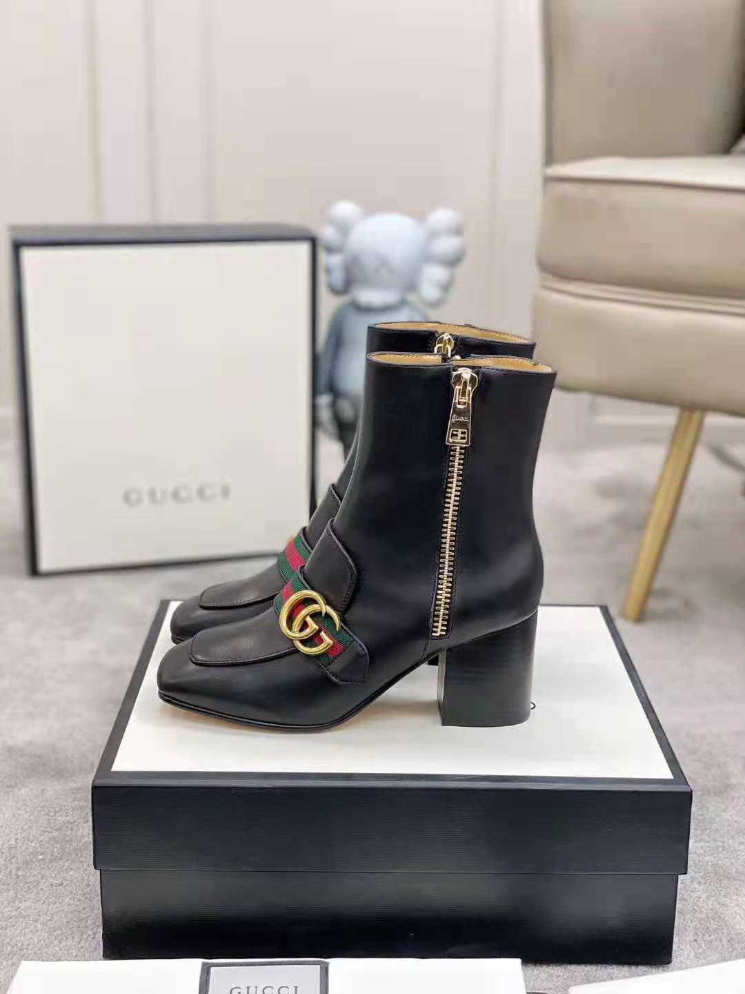 Women's Shoes Italy Gg Boots  Stripe Double Zipper Black Gg Ankle