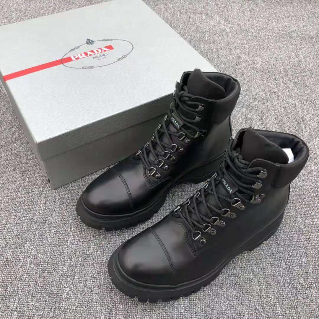 Men's Shoes Laceup Hiking Boots Black Calf Leather Ridged Rubber Sole