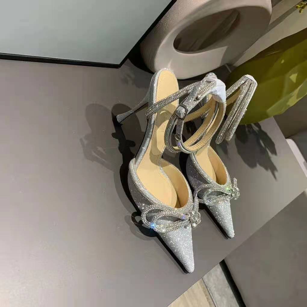 mach & mach glitter double crystal bow pointed toe pump