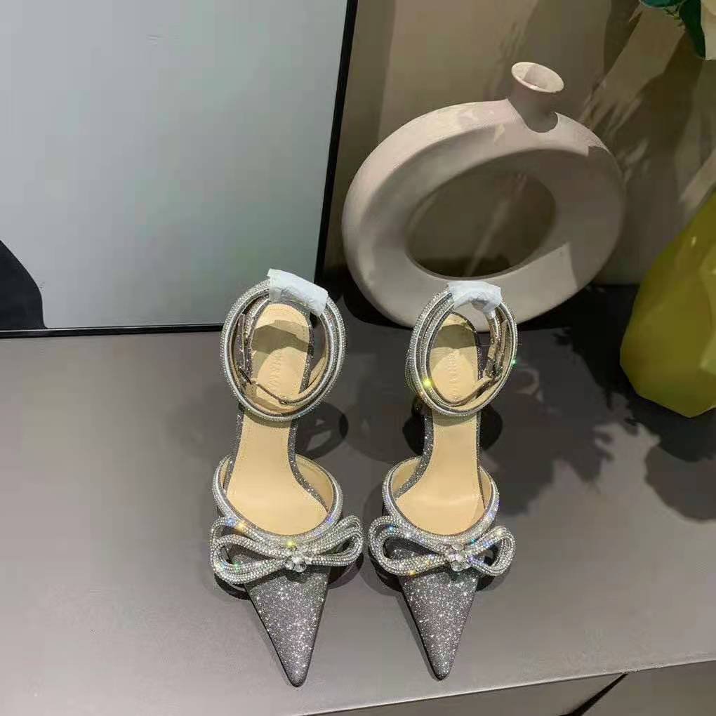 mach & mach glitter double crystal bow pointed toe pump