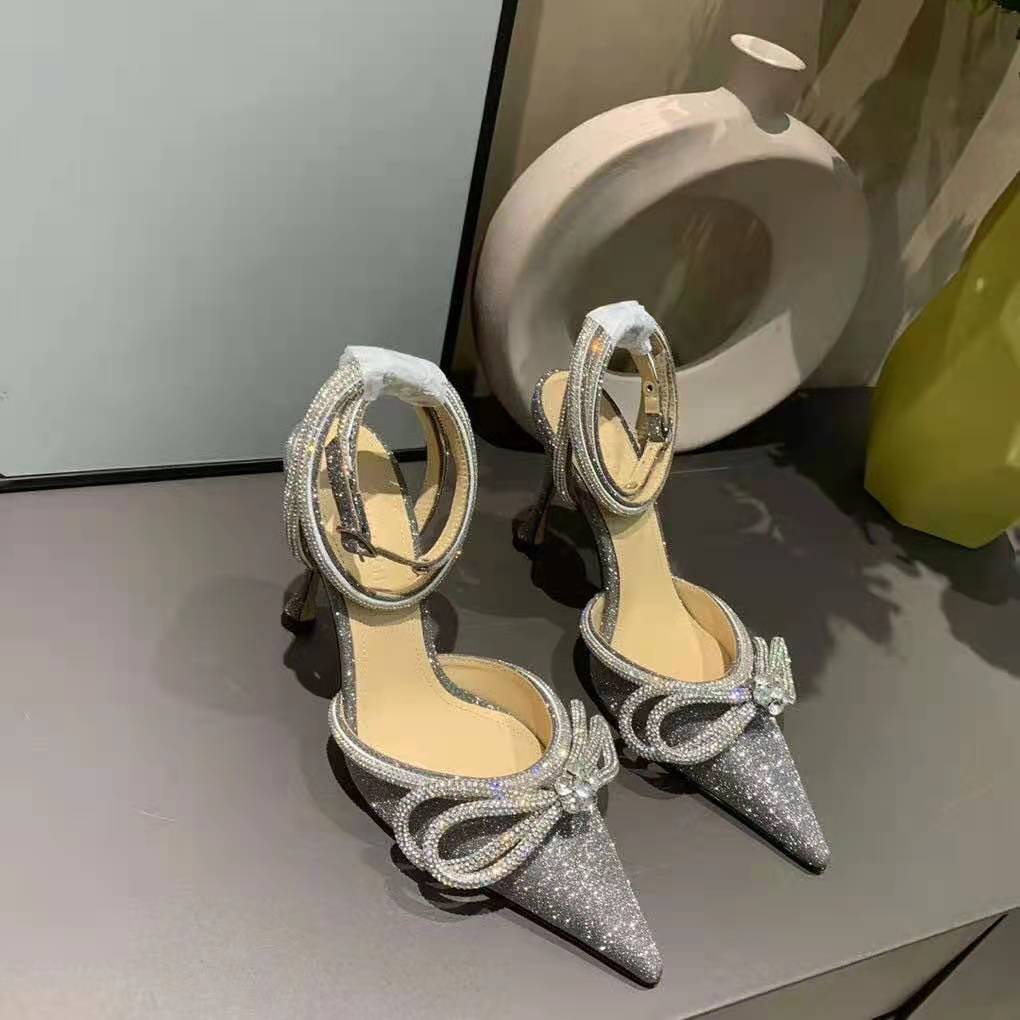 mach & mach glitter double crystal bow pointed toe pump