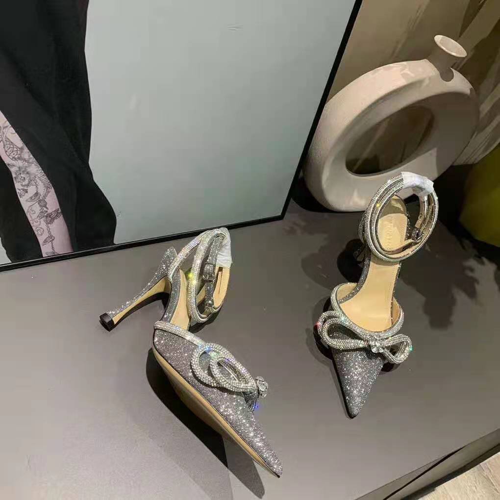 mach & mach glitter double crystal bow pointed toe pump