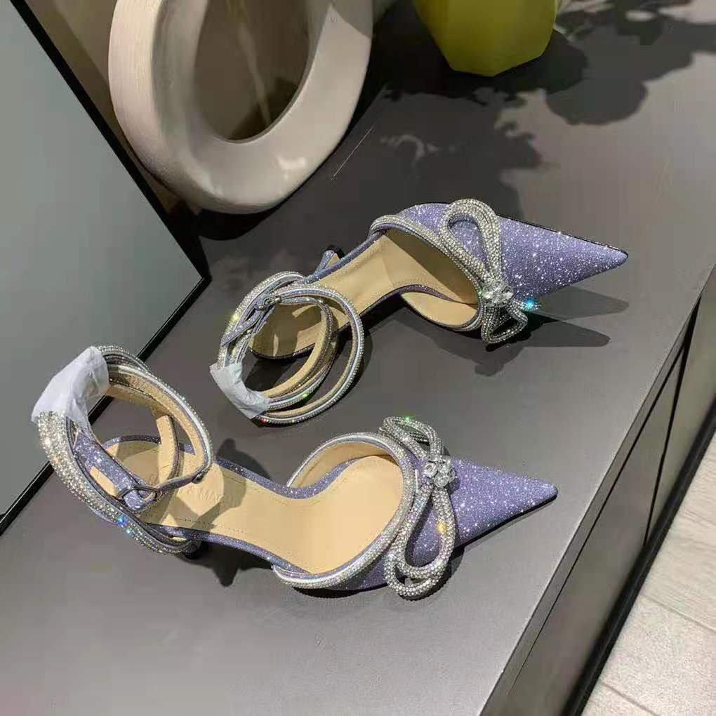 mach & mach glitter double crystal bow pointed toe pump