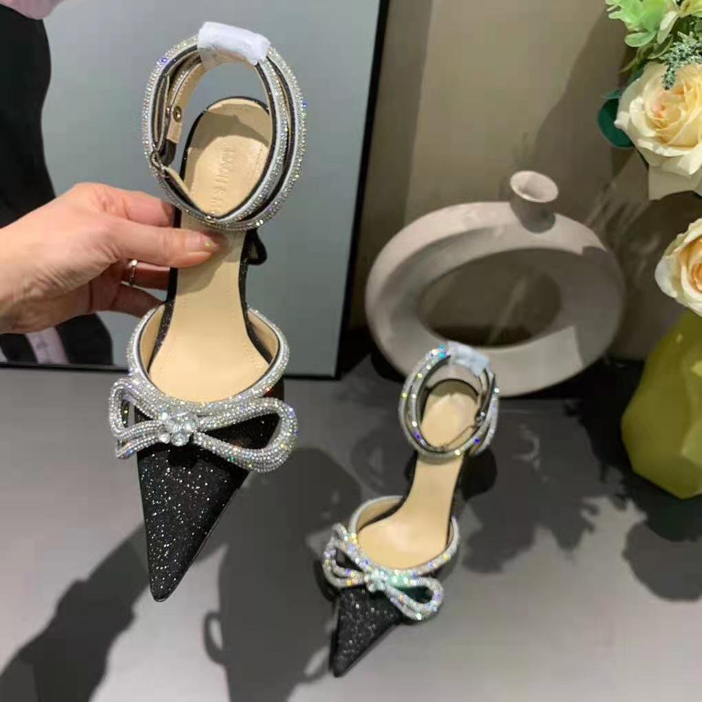 mach & mach glitter double crystal bow pointed toe pump