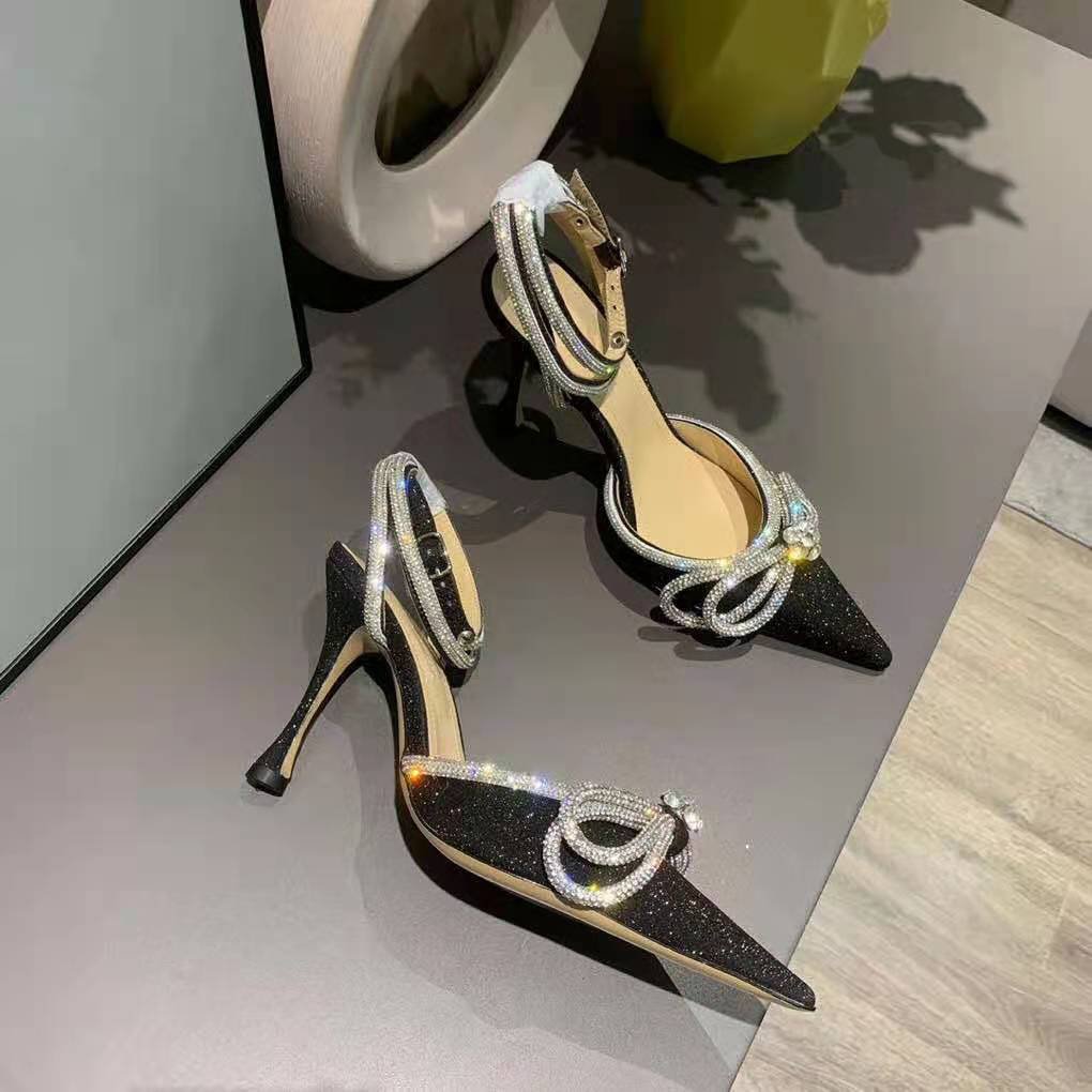 mach & mach glitter double crystal bow pointed toe pump