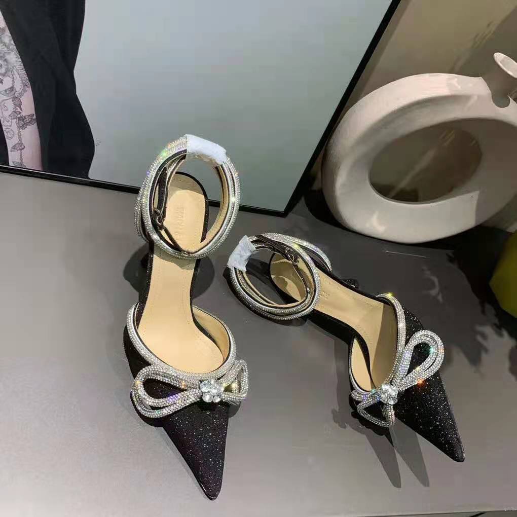 mach & mach glitter double crystal bow pointed toe pump