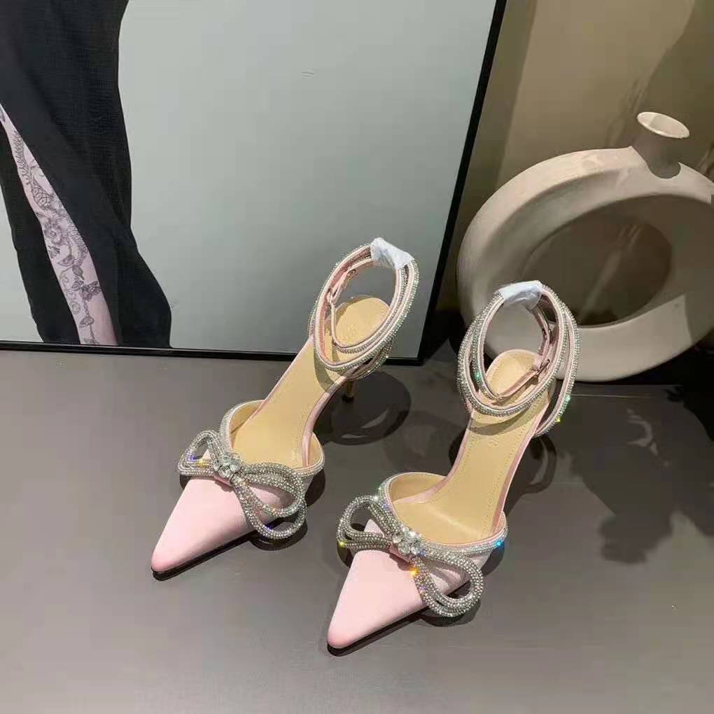 mach & mach glitter double crystal bow pointed toe pump