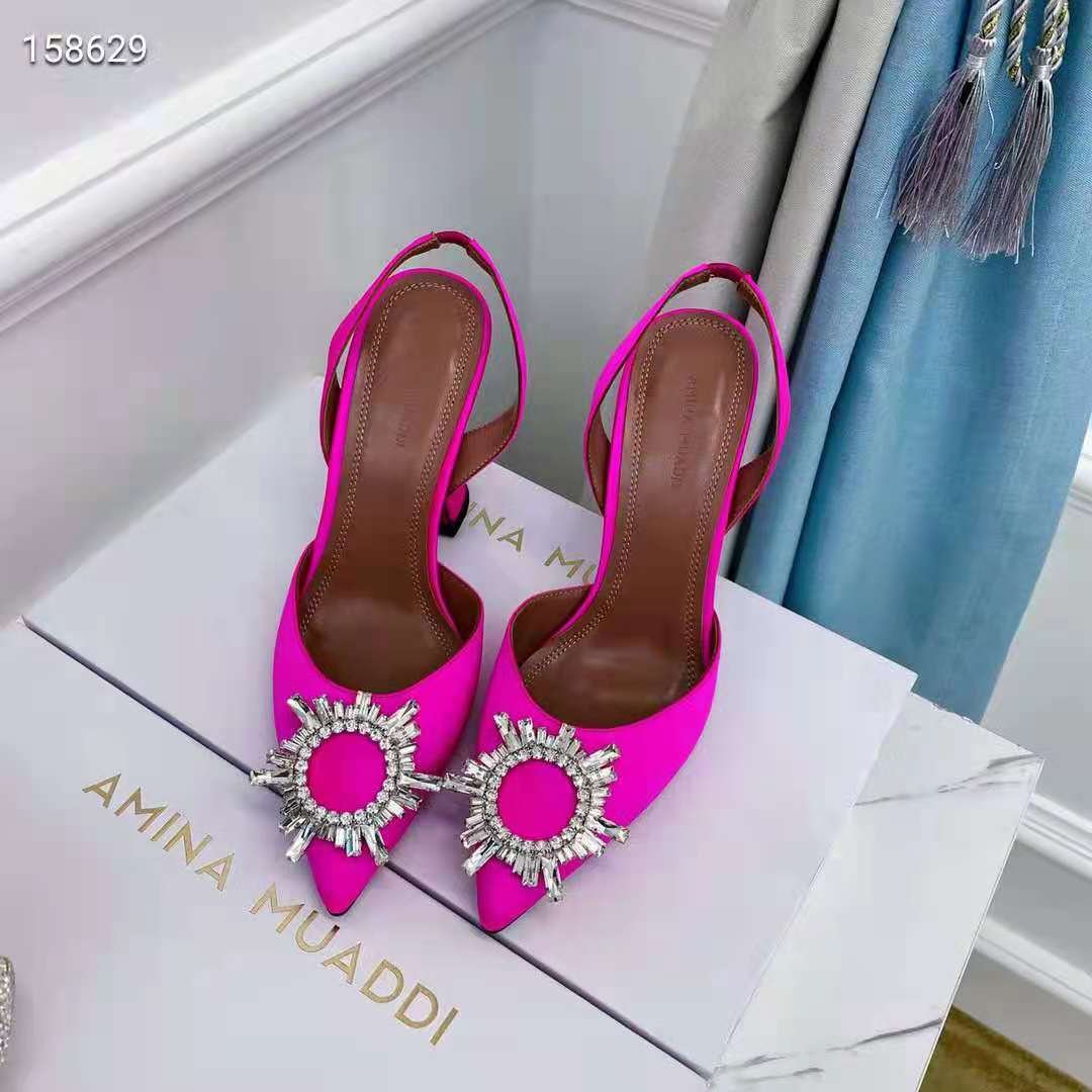 Women's Shoes Amina Muaddi Begum Sling Pink Satin Crystal Slingback ...