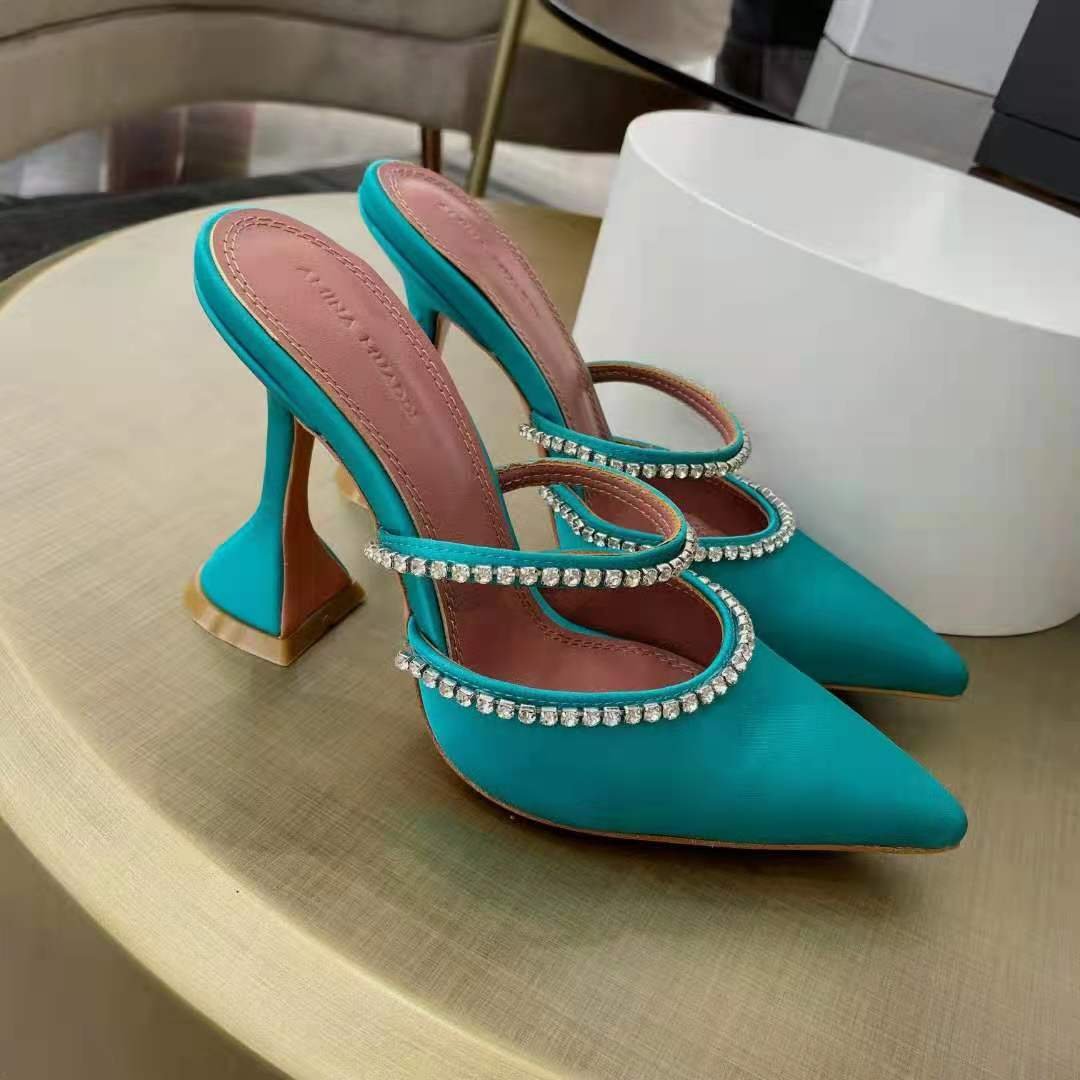 Women's Shoes Amina Muaddi Gilda Crystal Embellished Satin Mules