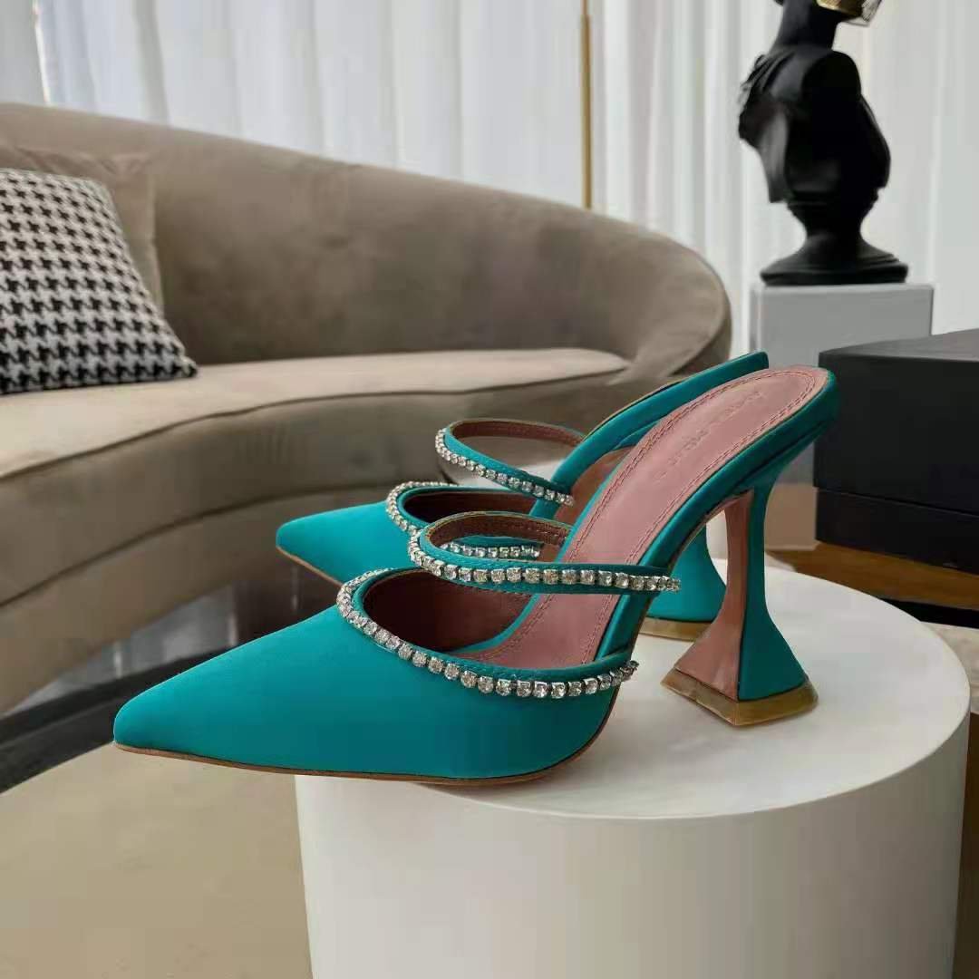 Women's Shoes Amina Muaddi Gilda Crystal Embellished Satin Mules