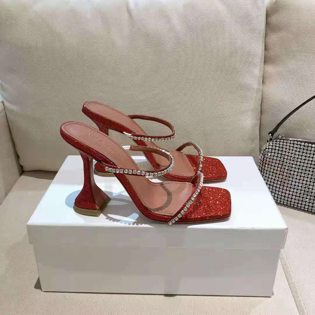 Women's Shoes Amina Muaddi Gilda Crystal Strap Heeled Sandals Glitter Red