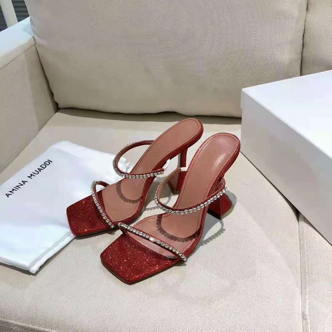 Women's Shoes Amina Muaddi Gilda Crystal Strap Heeled Sandals Glitter Red