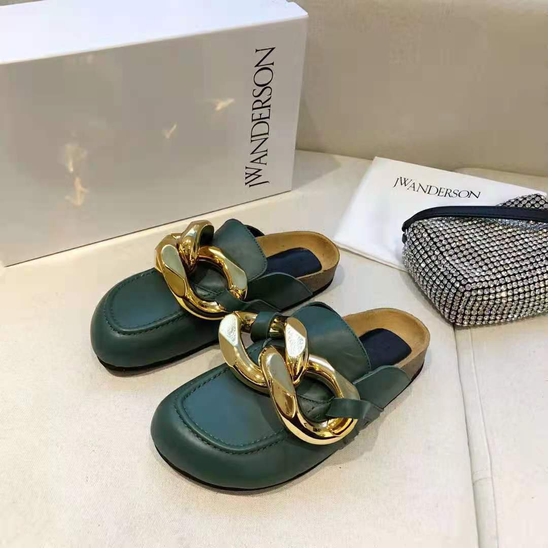Women's Shoes J.W. Anderson Jw Gold Chain Loafers Green Leather Mules Slides