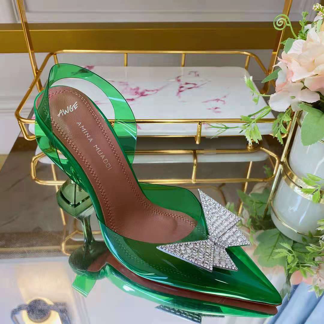 Women's Shoes Amina Muaddi X Awge Phoenix Slingback Crystal Pumps Green ...