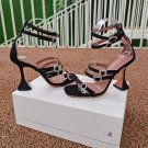 Women's Shoes Amina Muaddi Robyn Sandals Black Satin White Crystal Buckles
