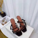 Women's Shoes Amina Muaddi Robyn Slipper Black Satin White Crystal Buckles Sandals