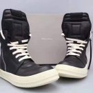 Men's Shoes Rick Owens Geobasket Sneakers Black Leather White Sole Lace-up Trainers