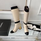 Women Shoes Paris Cc High Boots Coco Mixed Fibers Lambskin Patent Calfskin Light beige Beige Black