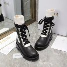 Women Shoes Lace-up Boots Black Calfskin And White Cotton